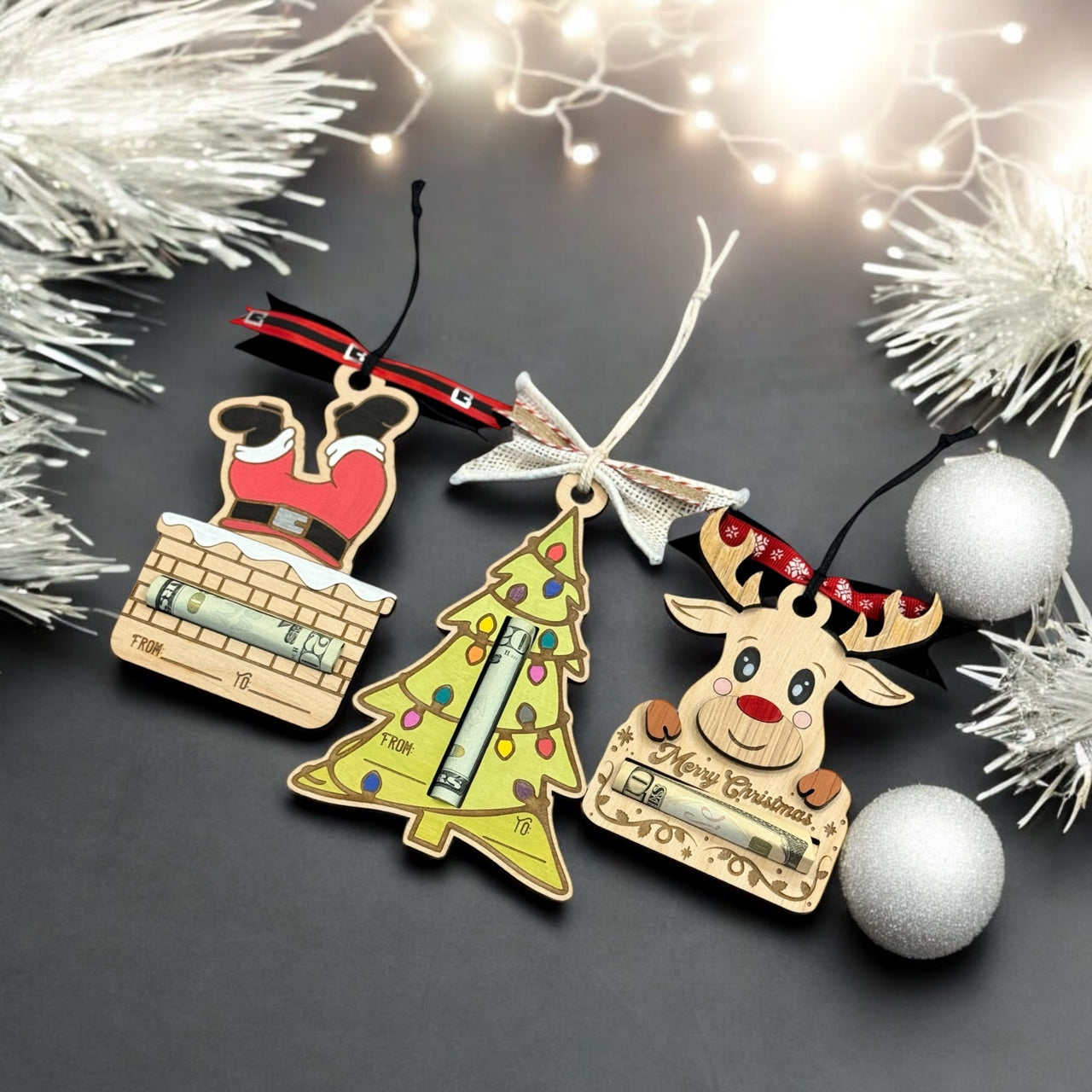 Festive Wooden Money Holder Christmas Ornaments - Santa, Reindeer, & Tree - Unique Holiday Gift (Money Not Included)