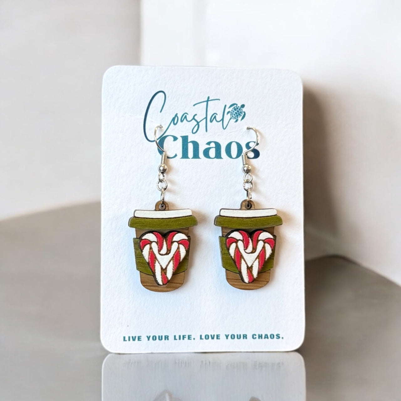 Holiday Coffee Cup Earrings - Festive Christmas Jewelry with Candy Cane Heart