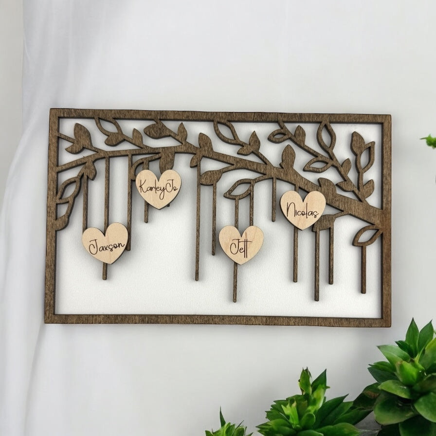 Personalized Wooden Family Tree Sign | Hanging Heart Names on Branches | Gift for Mom, Grandma, or Family | Custom Home Decor