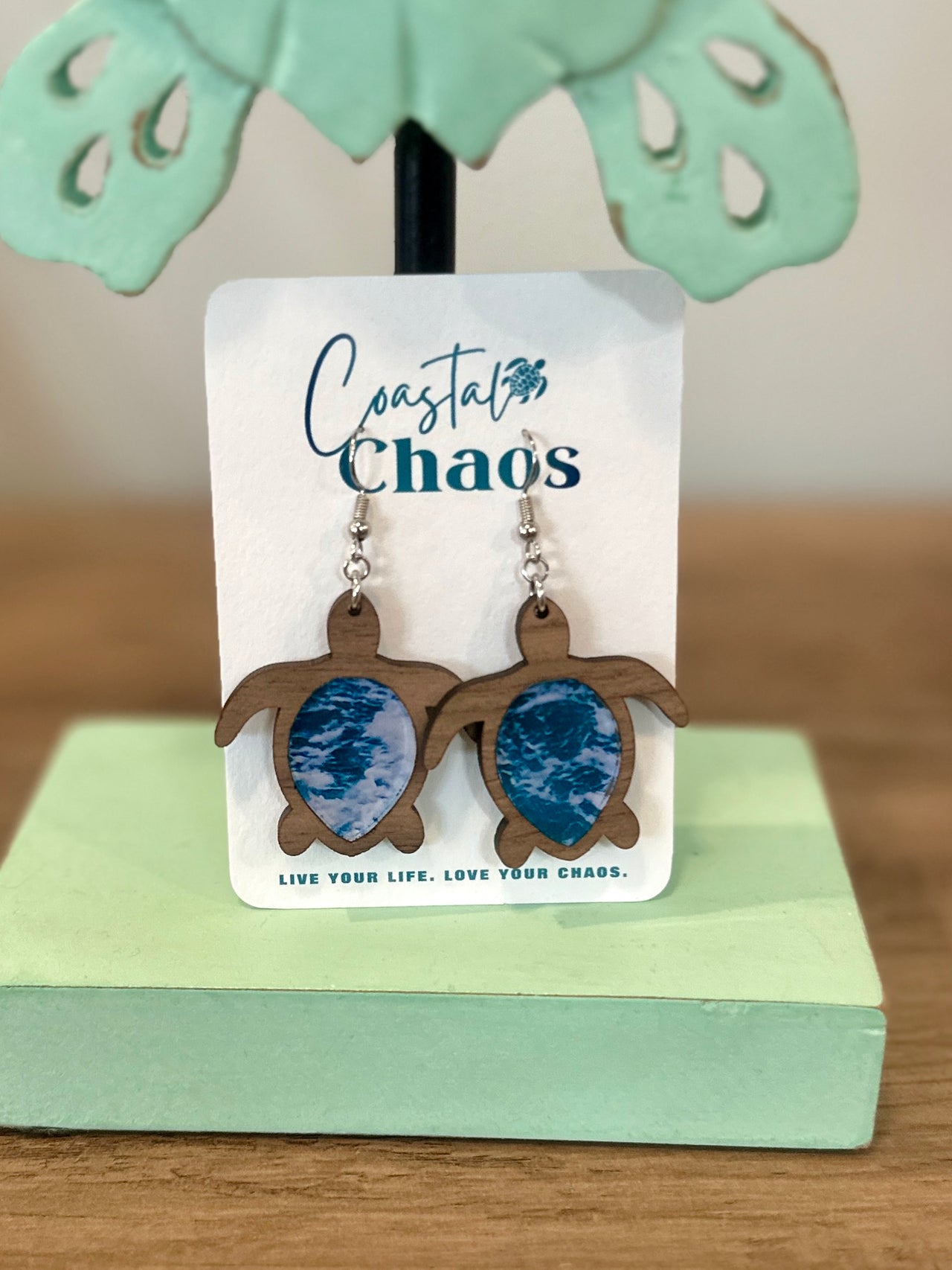 Sea turtle earrings, walnut wood custom earrings