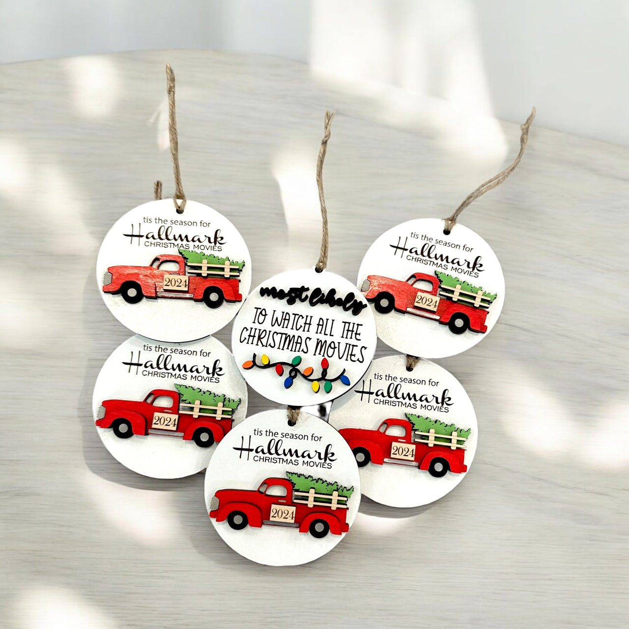 Custom wooden ornament, Hallmark ornament, hallmark movies watching, present, decor, Christmas movies, red truck