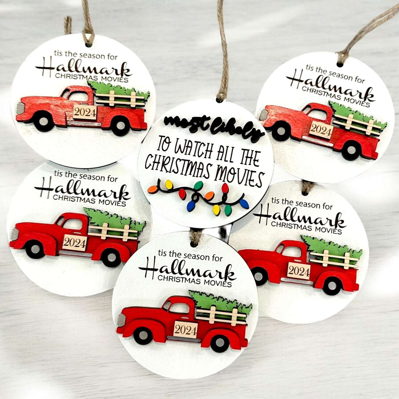 Custom wooden ornament, Hallmark ornament, hallmark movies watching, present, decor, Christmas movies, red truck