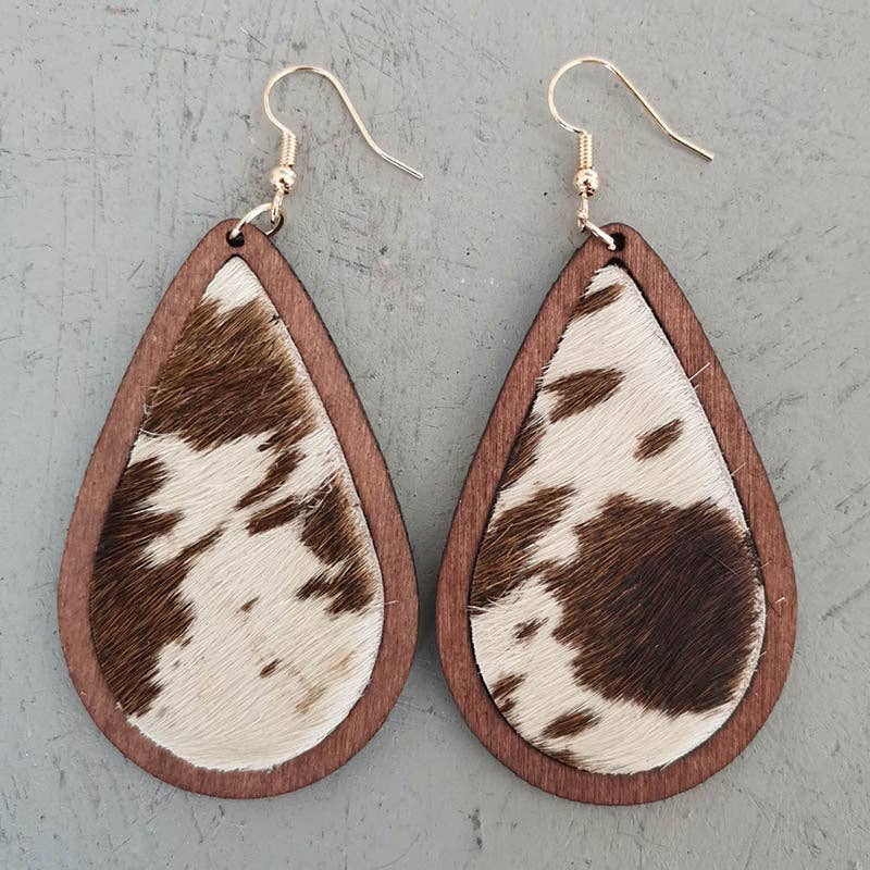 Leopard-print Horsehair Cowhide Wooden Earrings Drop Shape - Coastal Chaos LLC