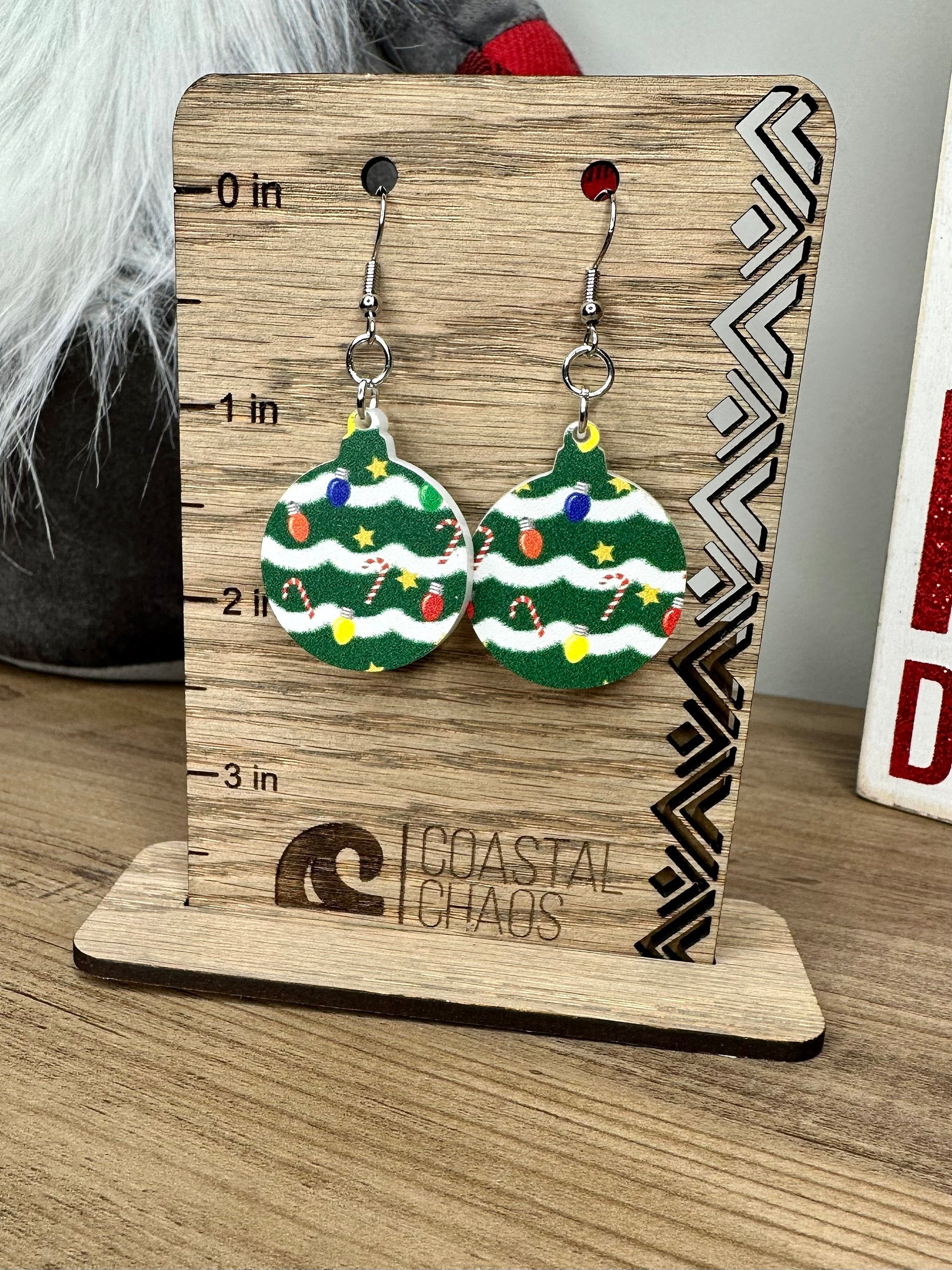 Christmas tree print ornament acrylic dangle & stud Earrings, Christmas present, earrings, sassy, fun, womens gift, jewelry - Coastal Chaos LLC