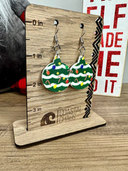 Christmas tree print ornament acrylic dangle & stud Earrings, Christmas present, earrings, sassy, fun, womens gift, jewelry - Coastal Chaos LLC